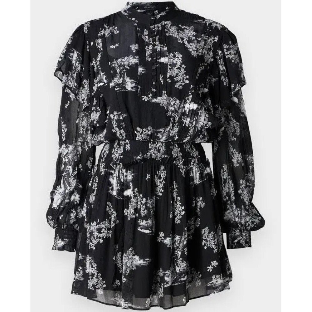 AllSaints Aubrey Dress Womens US 2 Black White Floral Smocked Mini Sheer Ruffle
